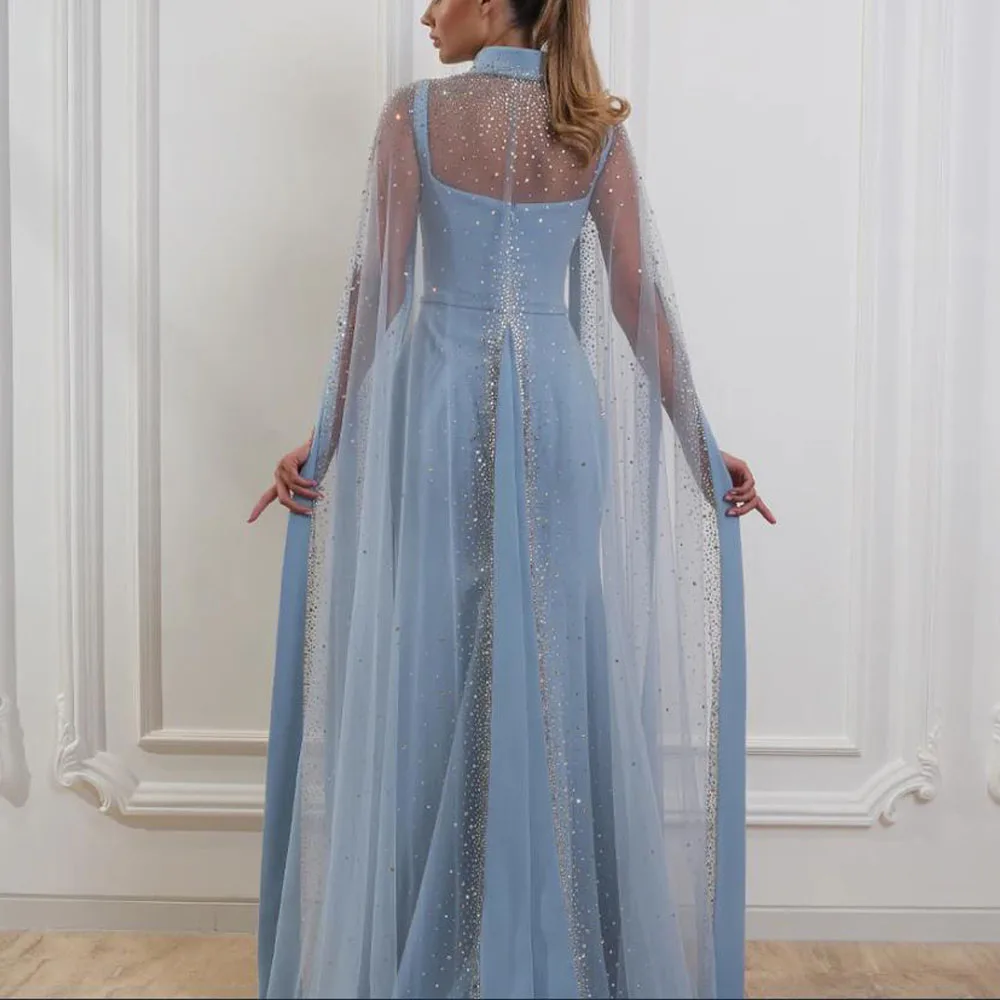 Vestido de noite sereia azul personalizado com capa, pescoço quadrado, vestidos de convidados de casamento de cetim com xale de strass