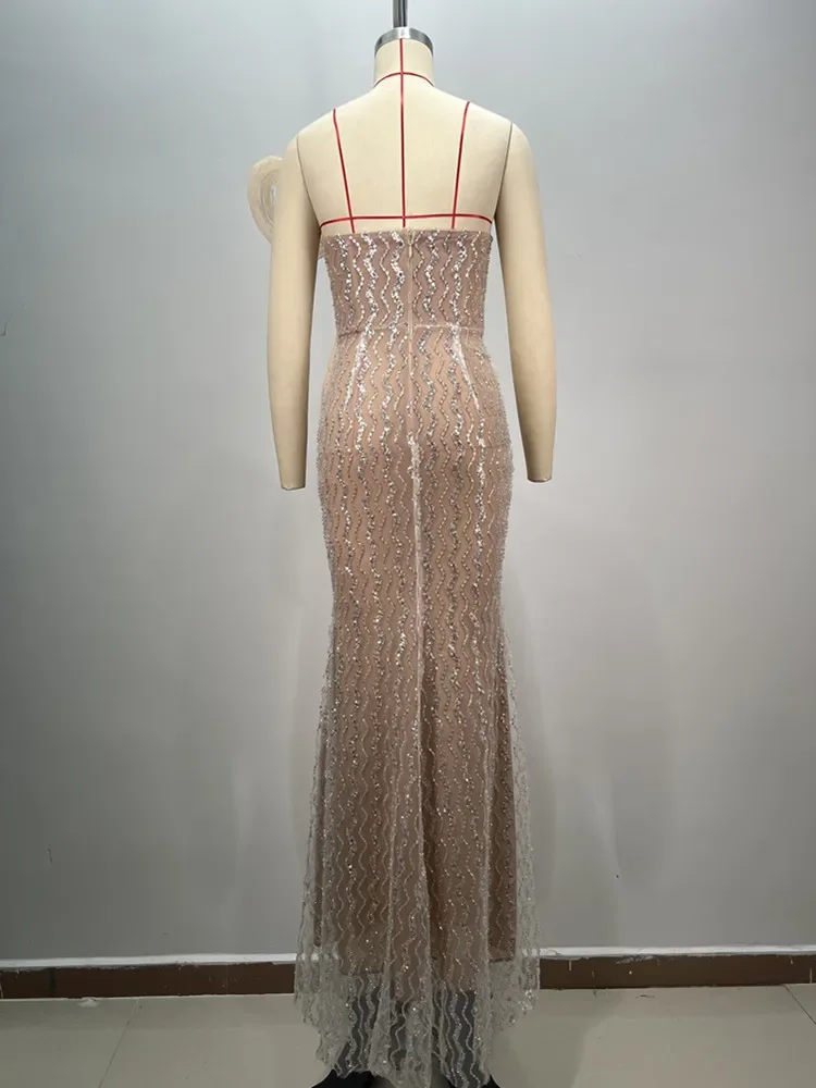 2024 Women Celebrity Sexy Strapless Sequins Diamonds Crystal Sparkly Maxi Long Gowns Dress Elegant Evening Party Club Vestido