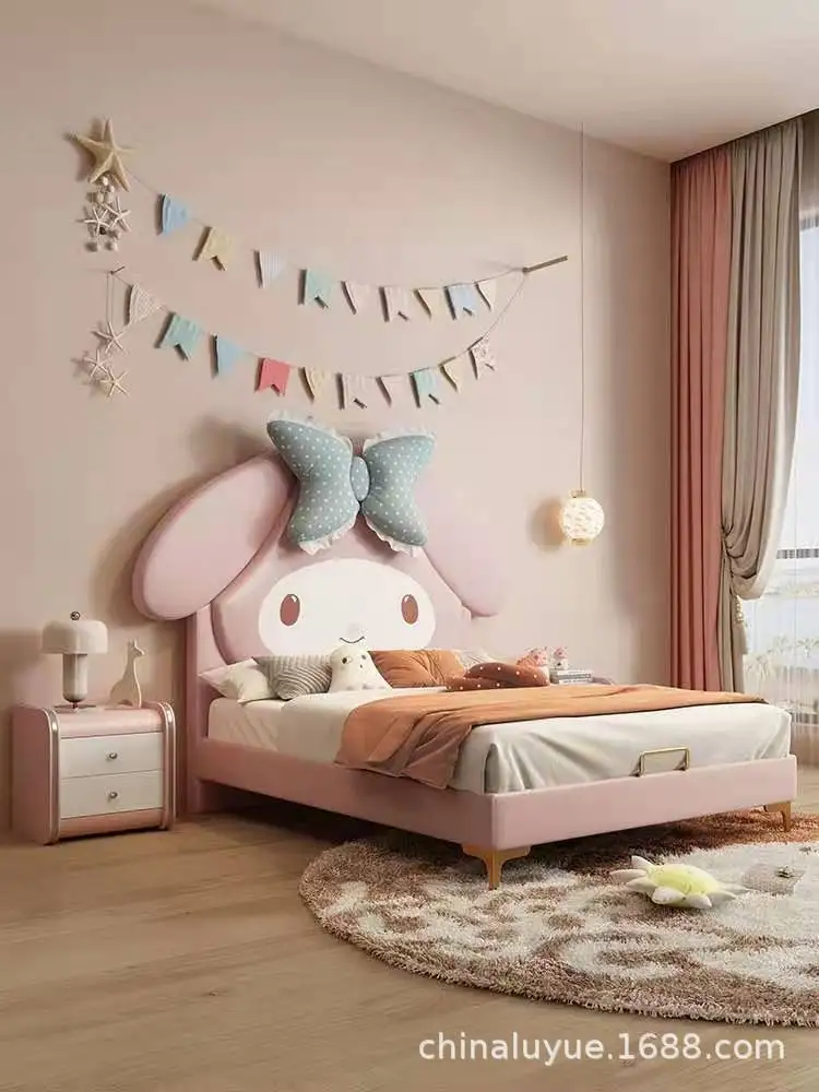 Cute children\'s cartoon Internet celebrity bunny girl princess solid wood single girl pink leather upholstery bed