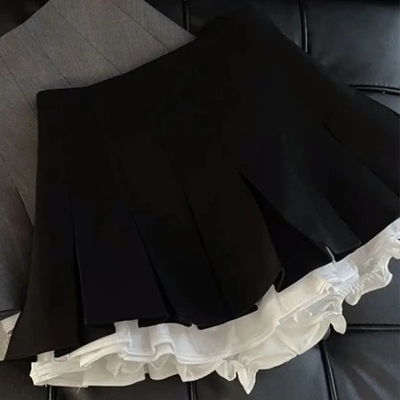

Ruffles Black Mini Skirt Women Korean Patchwork Pleated Skirts High Waist All Match A Line Skirt New