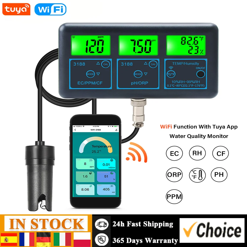 Tuya WiFi 7 in 1 Water Quality Tester Multifunctional PH ORP EC PPM CF RH Temp Monitor Analyzer for Aquarium Aquaculture