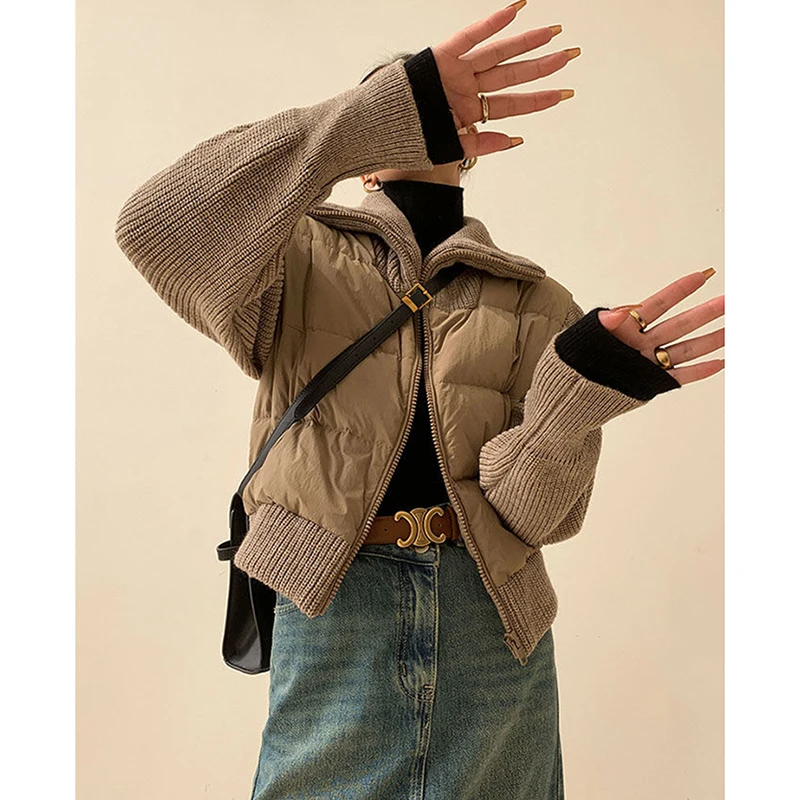 2024 New Winter Autumn Patchwork Knitted Women Puffer Jacket Cotton Padded Parka Bomber Jacket Coat Female Fashion Coat Outwear