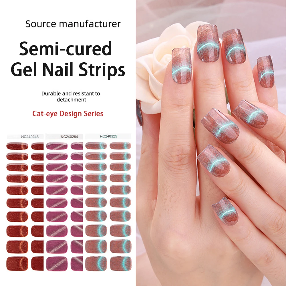 Cat-eye Nail Polish Strips Semi Cured Gel Nail Strips 20 pcs Nail Stickers Salon-Quality Nail Wraps Stick on Nail Sticker