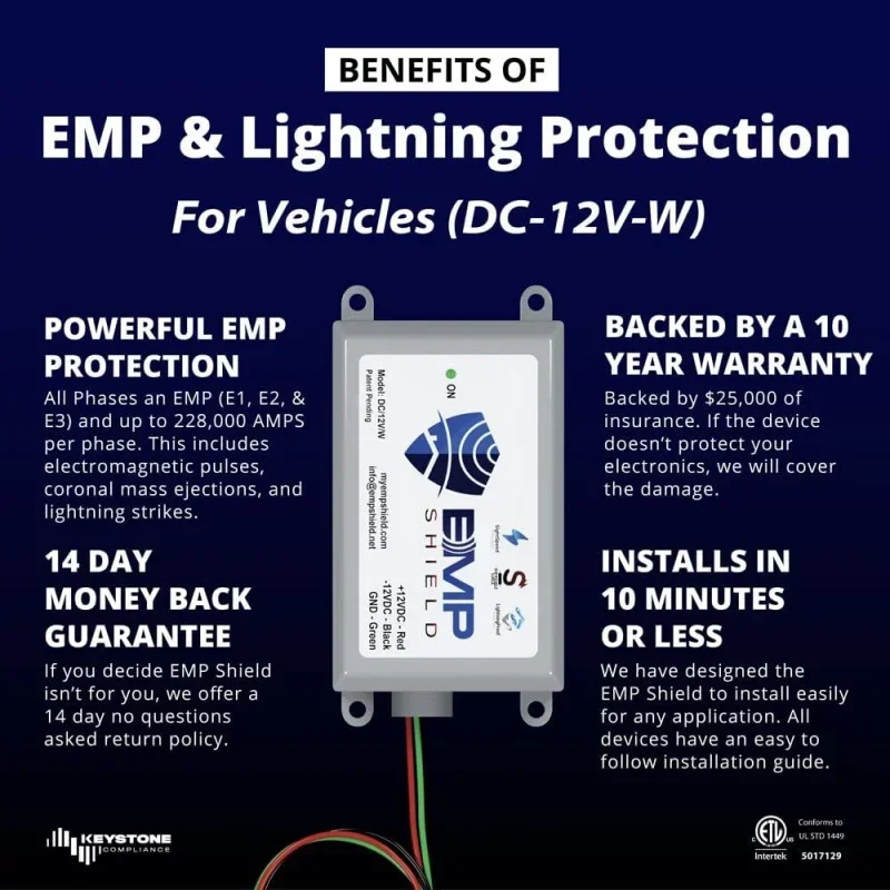 Vehicle EMP Protection 12 Volt DC for Car and Truck (For DC-12V-WV), Solar Flare, and Surge Protection