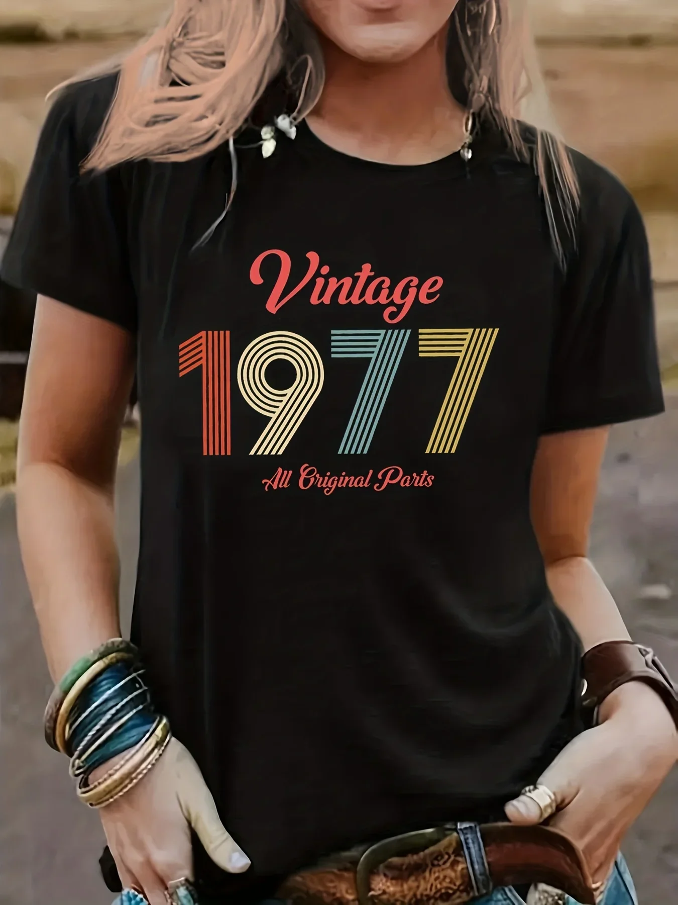 Vintage 1977 Print  Women T-shirt - Women\'s Casual Crew Neck Short Sleeve Tee  Women Clothing