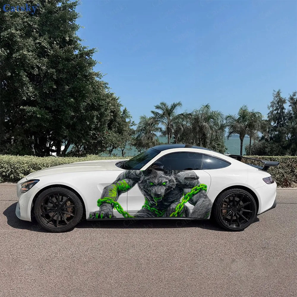 2pcs Street Graffiti Savage Wolf Car Side Wraps, Self-Adhesive PVC Waterproof & Scratch-Resistant Stickers, Car Accessory Gift