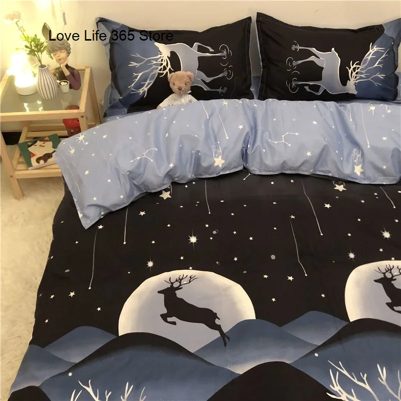 INS Blue Cartoon Reindeer Bedding Set Girls Boys Double Size Flat Sheet Duvet Cover Pillowcase Bed Linen Home Textile