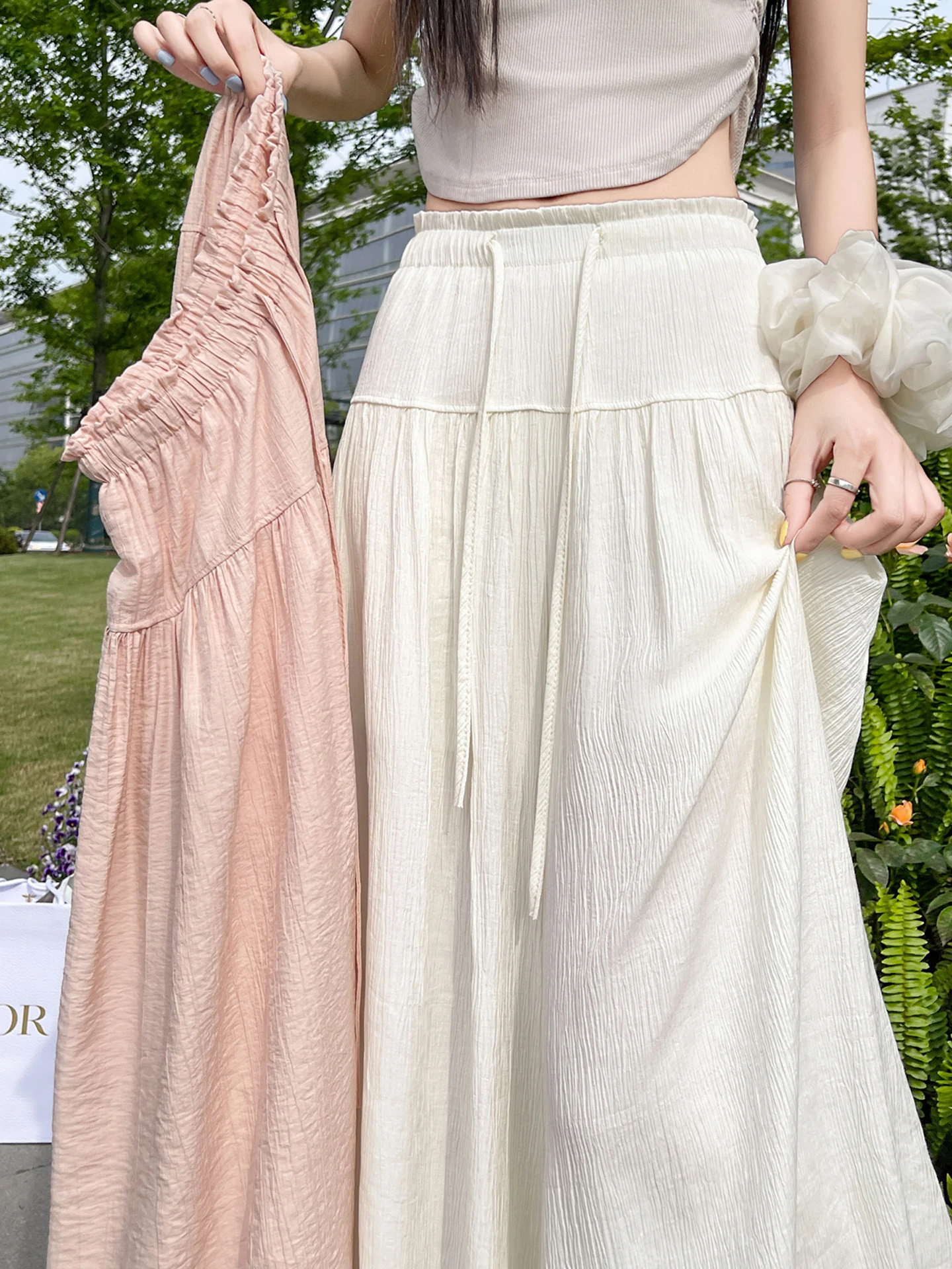 

Ice Silk Cotton Linen Wide Leg Pants Women Summer Thin Small Size Elastic High Waist Slim Loose Casual Drapey Nine Point Skir...