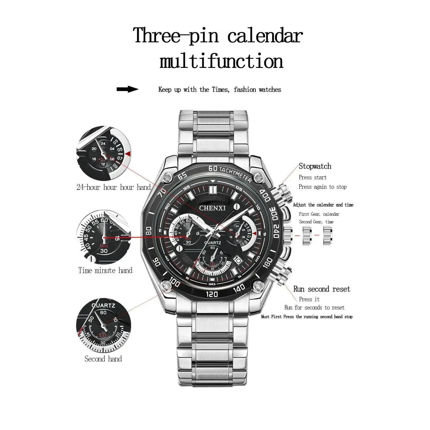 CHENXI 929A montre à Quartz pour hommes multifonction chronographe calendrier étanche bracelet en acier inoxydable montres de sport décontractées pour homme