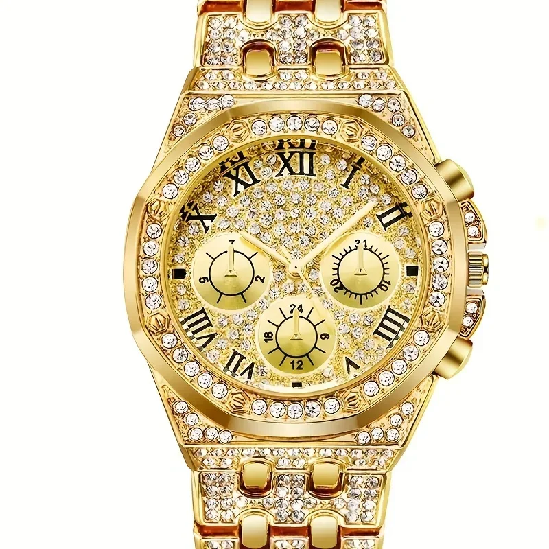 Luxury Octagonal Bezel Iced Quartz Watch Multipack Roman Numeral Dial Men Hip Hop Jewelry Without Gift Box
