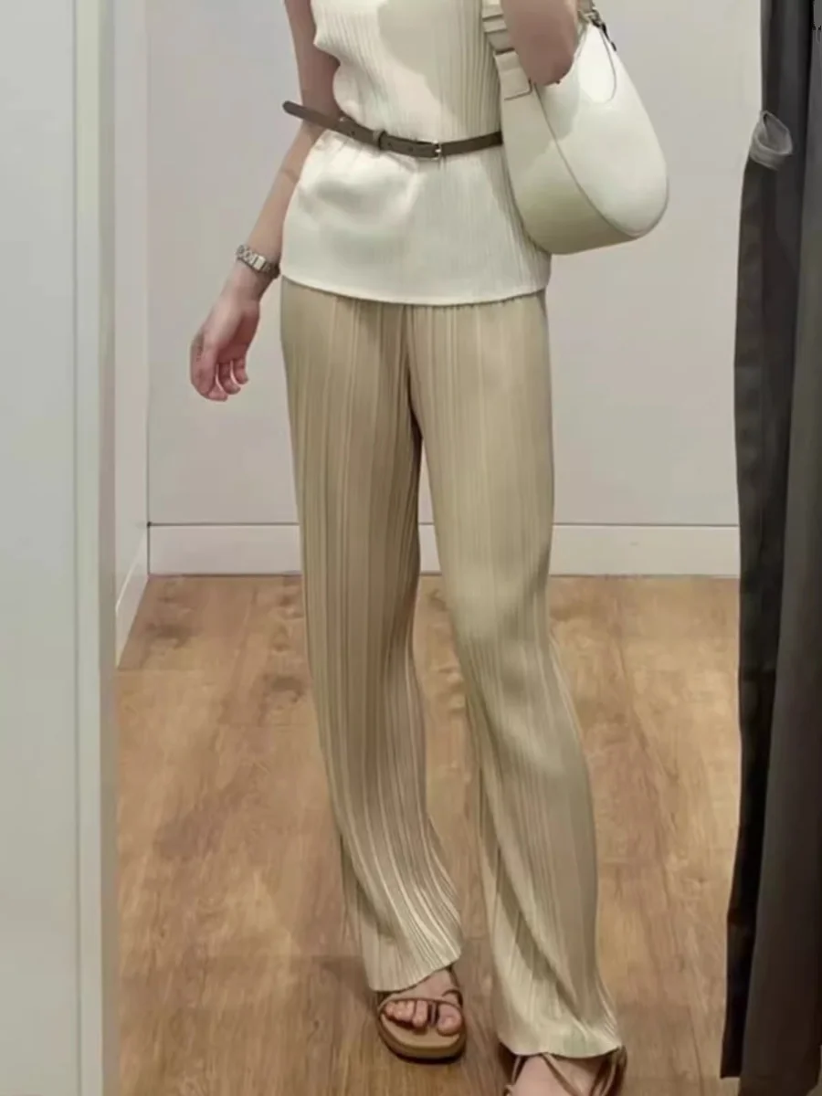 

Summer Women's Pleated Straight Leg Pants Casual Commute Faionable Long Trousers Polyester Fiber l Waist Pred Pleats