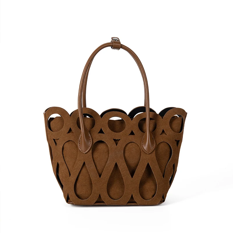 

Suede Hollow Tote Bag With Inner Pocket,Designer Vintage Market Basket Women Handbag,Large Capacity,Japanese Korean Trendy Chic