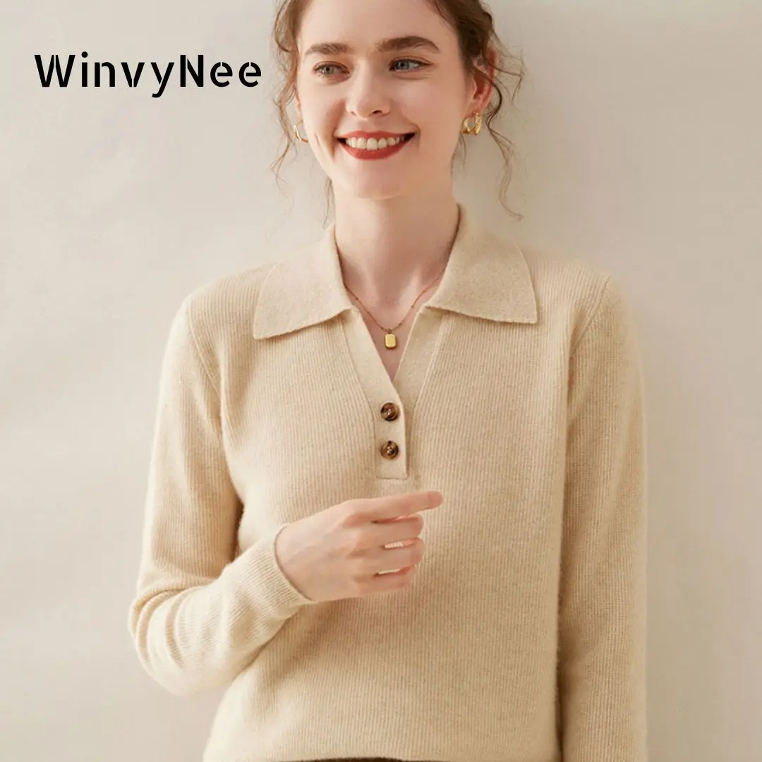 

WinvyNee Women Cashmere Merino Wool Sweater Polo Neck Solid Knitwear Tops Casual Pullover Jumpers Autumn Korean Style A1054005