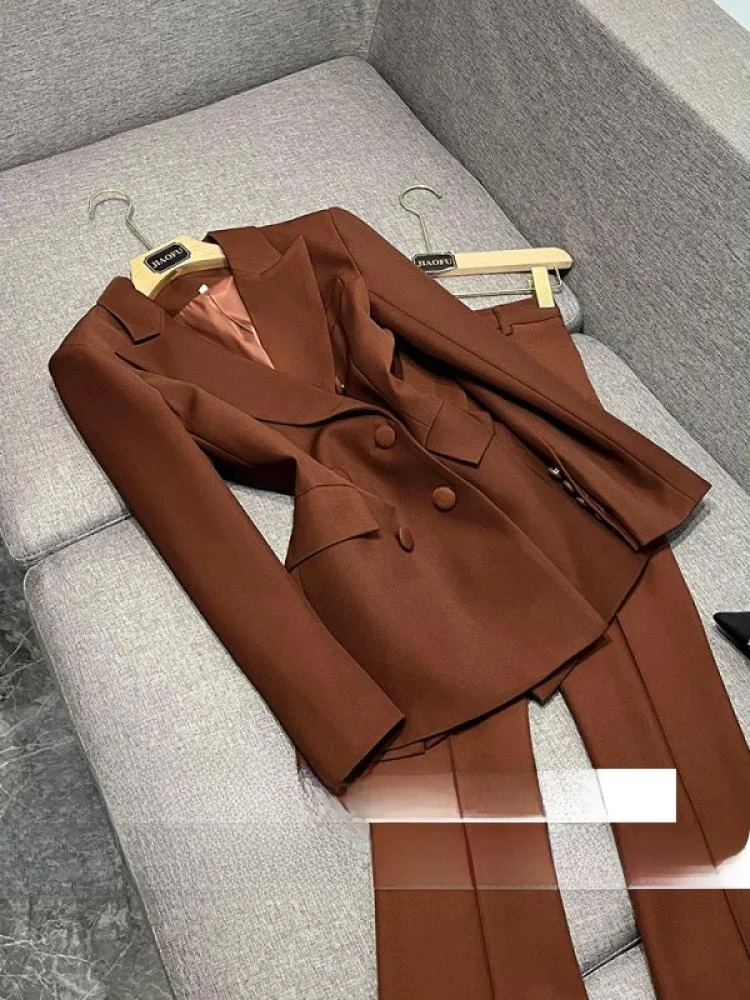 Celana Setelan Dua Potong Briti Sle Kasual Warna Mauve Sensasi Desain Faion Wanita Set Setelan Kaki Lebar A803