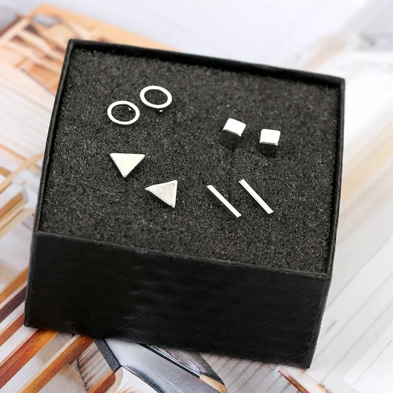 VIVILADY Fashion 4 Pairs/Set Geometric Stud Earrings Women Black Gold Silver Color Round Triangle Cubic Bar Boho Punk Jewelry