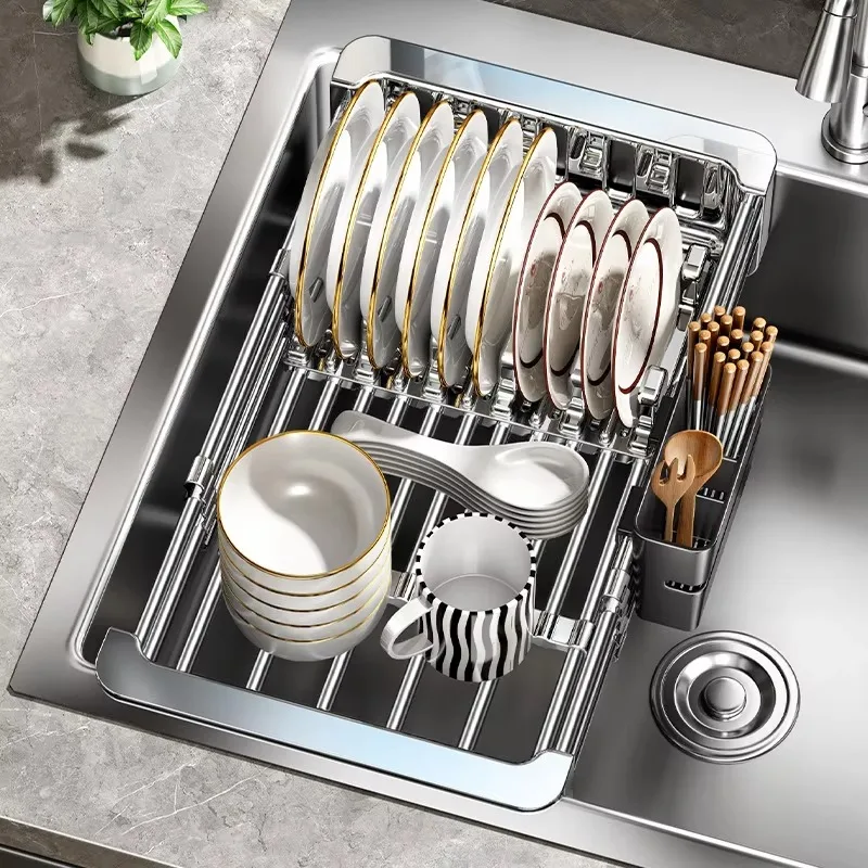 All-in-One Non-Folding Metal Dish Rack Adjustable Design Silver-Plated Finish Standing Type for Drying Organizing Bowls Plates