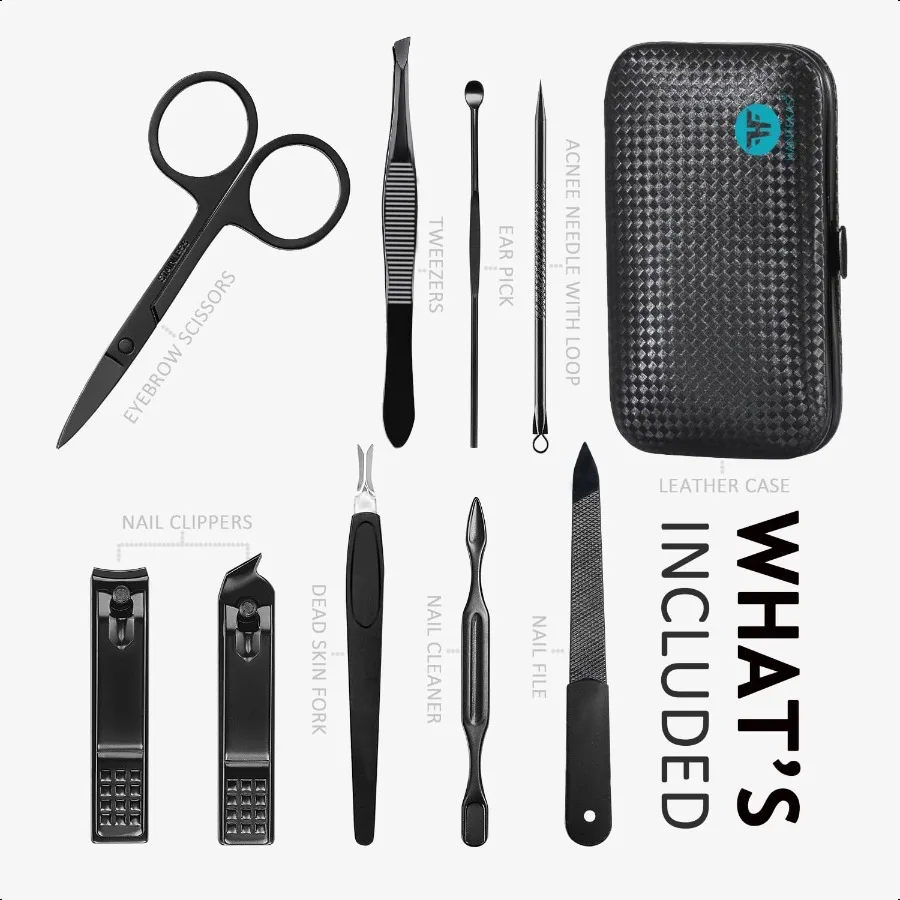Ensemble de manucure 9 en 1, coupe-ongles en acier inoxydable, ciseaux, Kit d'outils de pédicure, Kit de toilettage de voyage Portable pour hommes et femmes avec
