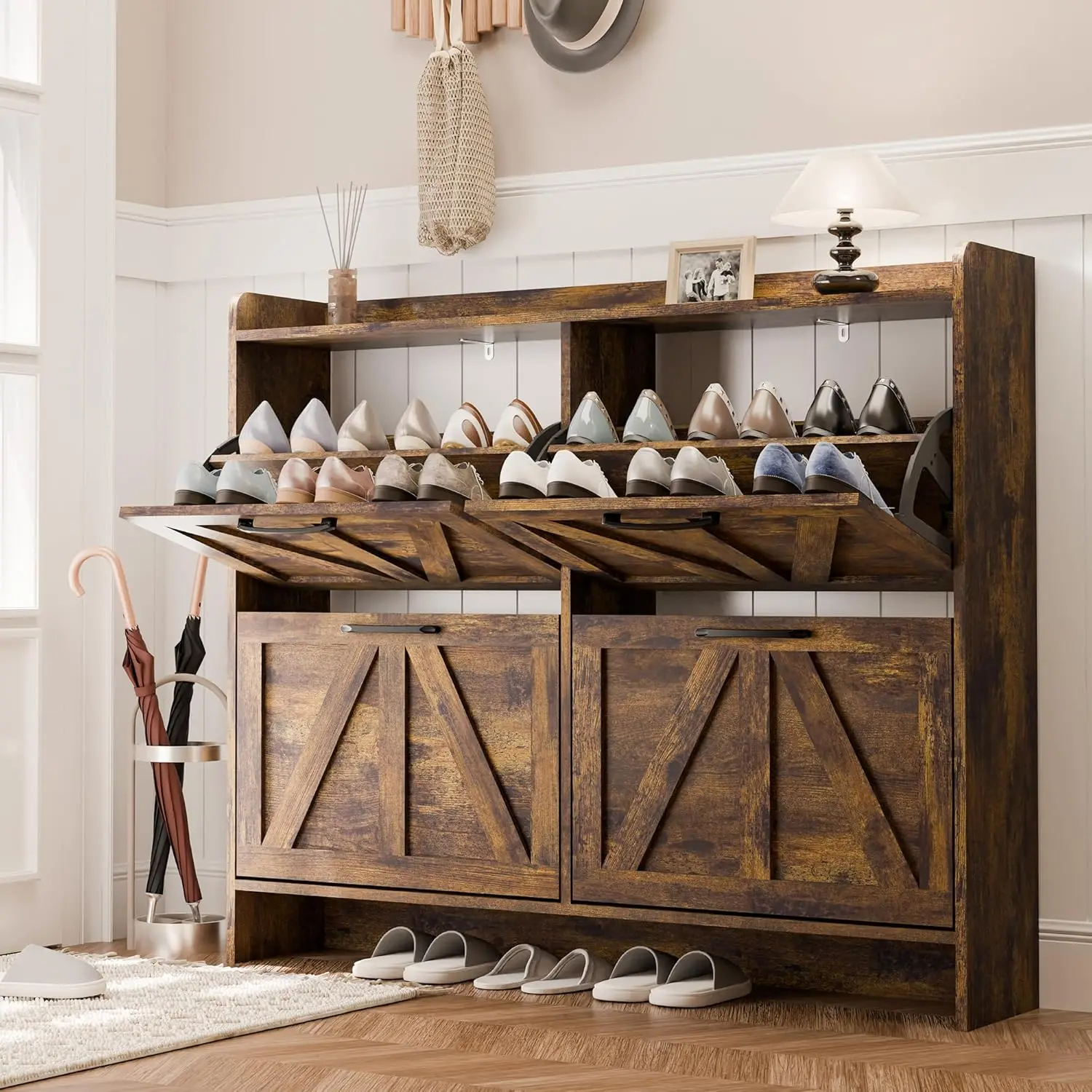 

Shoe Storage Cabinet with 4 Flip Drawers, Freestanding Shoe Cabinet, Shoe Organizer with Wood Legs for Entryway,