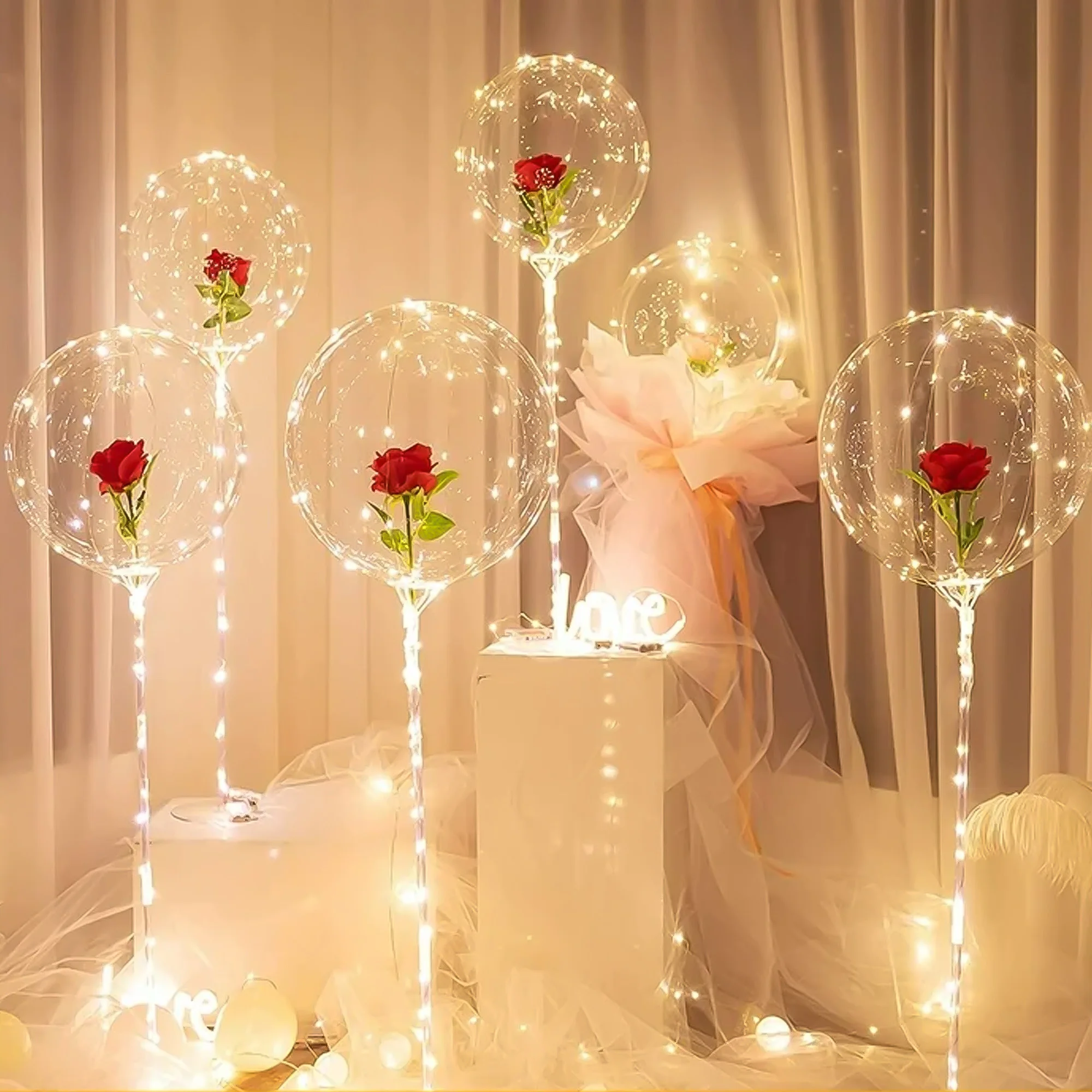 Ballon ondulé transparent bouquet de roses lumineuses LED, adapté aux mariages, anniversaires, anniversaires, saint-valentin, douche nuptiale