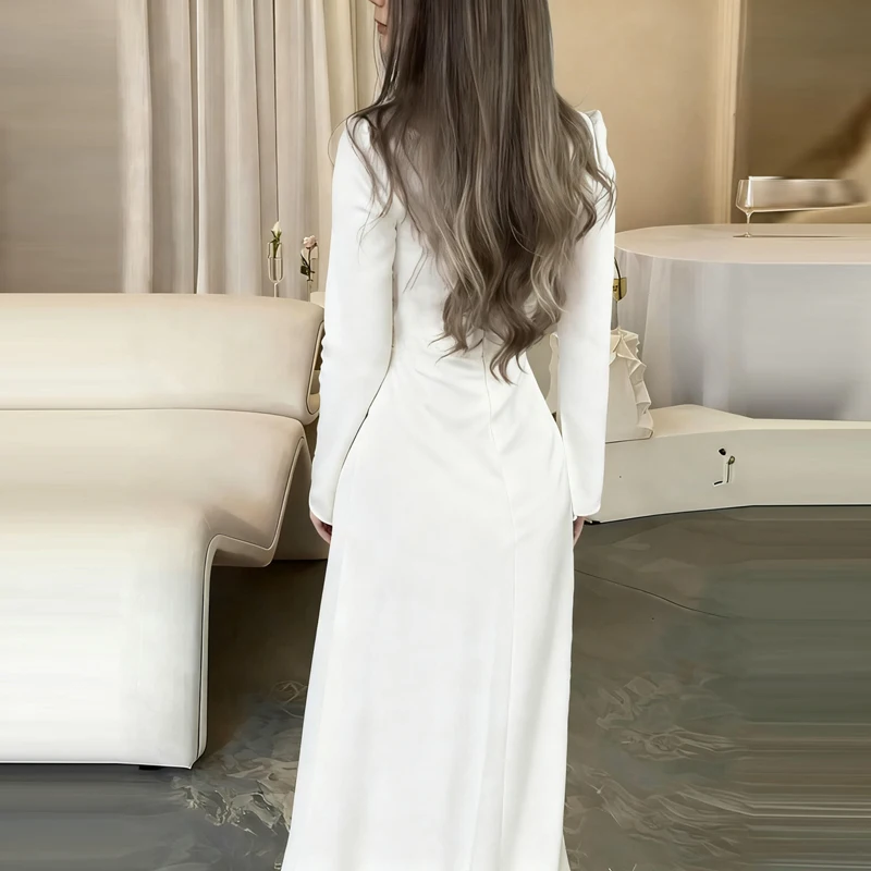 2025 casual manga longa fino ajuste vestido branco feminino elegante drapeado cintura vestido de casamento moda pescoço quadrado temperamento vestido longo