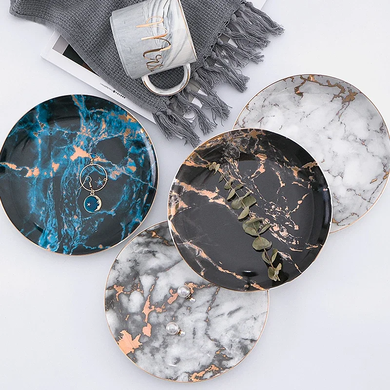 European Style Marble Plates Ceramic Dinner Set Gold Inlay Porcelain Dessert Plate Steak Salad Snack Cake Plates Tableware