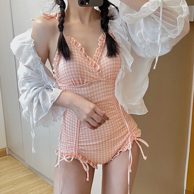 Korean Style Women Pink Checkered Plaid Swimwear 2 Piece Check Japanese Bathing Suit Ruffle Frill String Monokini Swimsuit