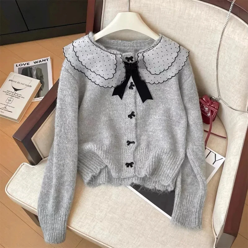 Autumn Winter All-match Peter Pan Collar Knitted Sweater top Fashion Solid Button Cute Cardigan Coat Sweet Korean Women Clothing