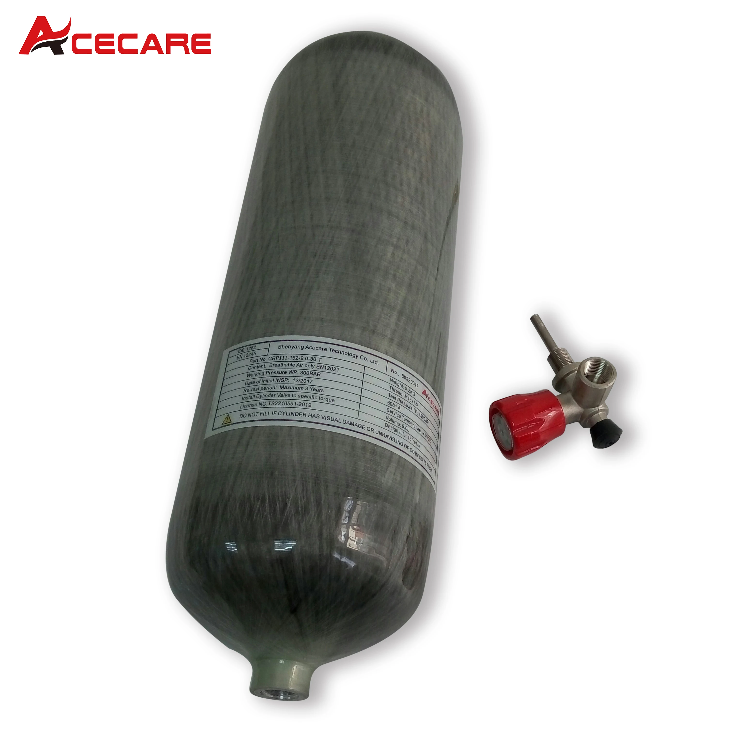 Acecare 9L Carbon Fiber Cylinder 300bar 4500psi 30mpa High Pressure Air Tank with Gauged Valve For Scuba Diving