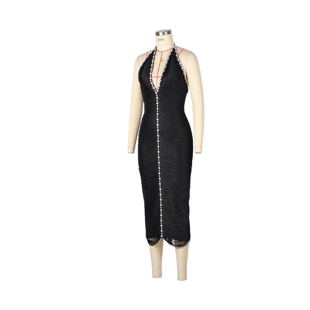 Vrouwen Nieuwe Zwarte Kwastje Bandage Jurk Strass Borduren Halter Diepe V-hals Backless Knielengte Avond Club Feestjurk