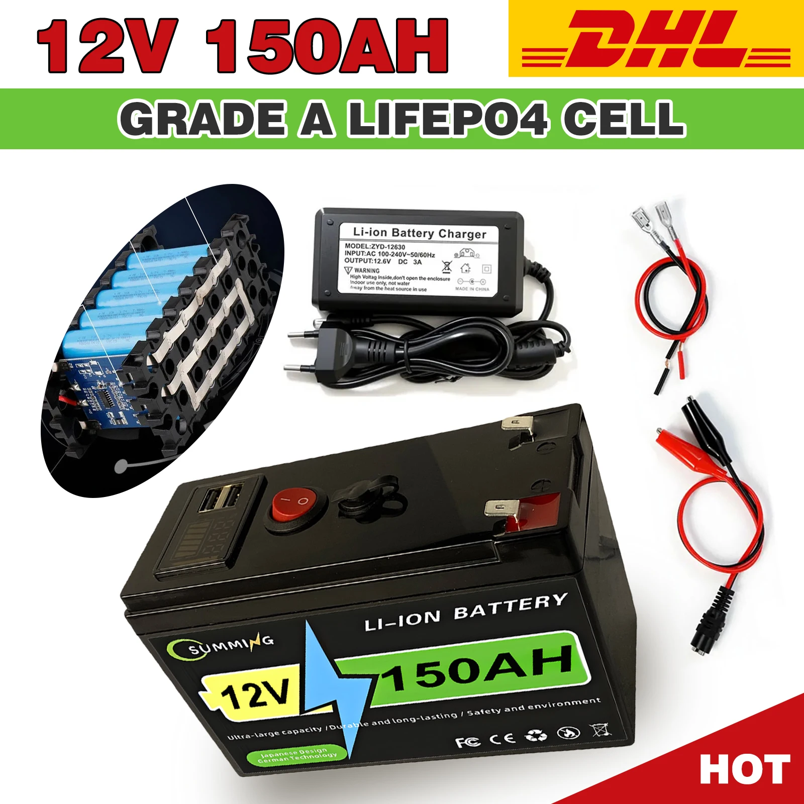 12V Rechargeable Battery Pack 40-220Ah , for LED lights, camping, and home backup power supply 18650 Lithium Battery +Charger