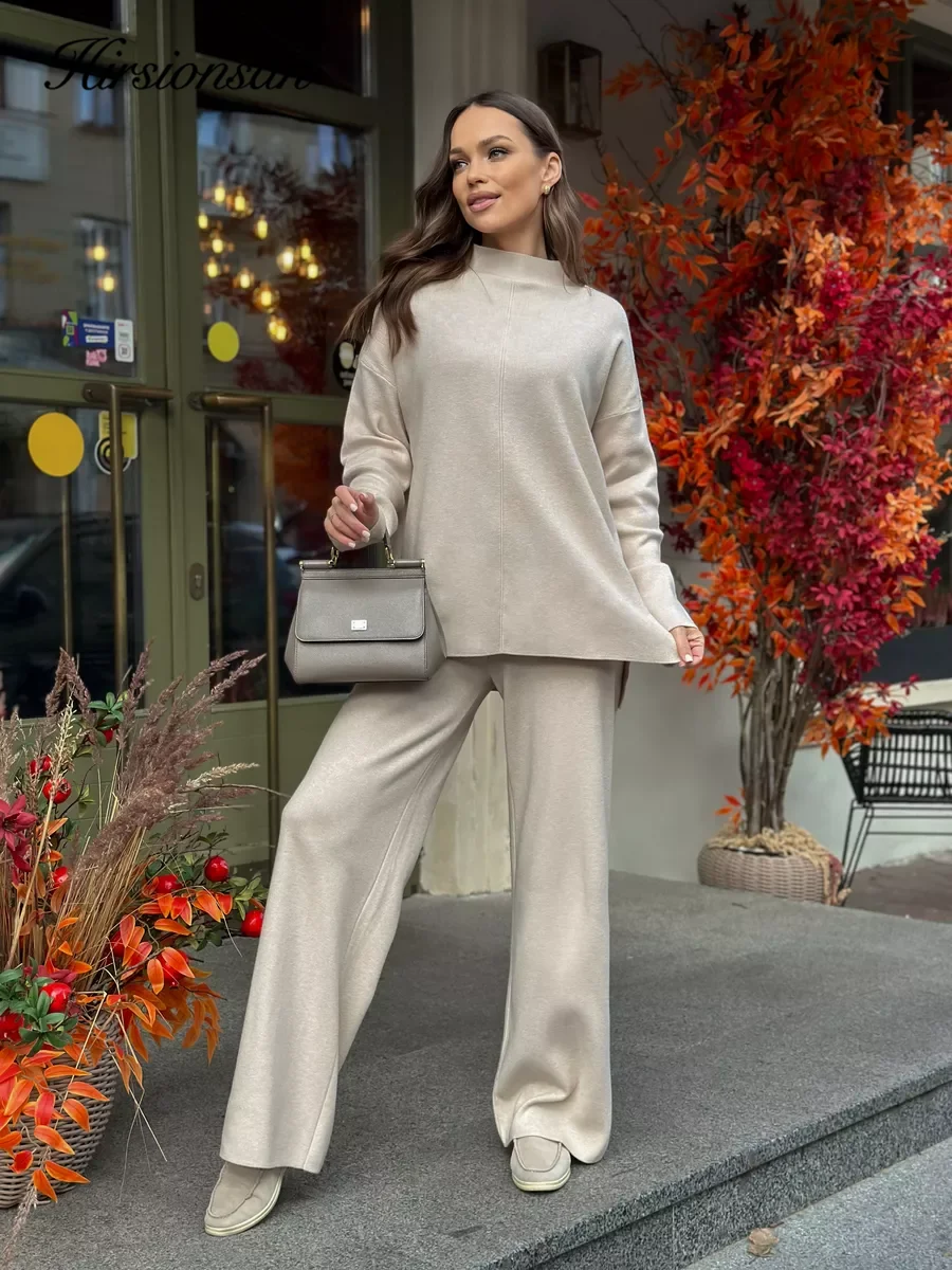 Hirsionsan Loose Soft Elegant Women Suits  2 Pieces Female Sets O Neck Sweater & Wide Leg Pants Soft Knitted Track Suit 2024