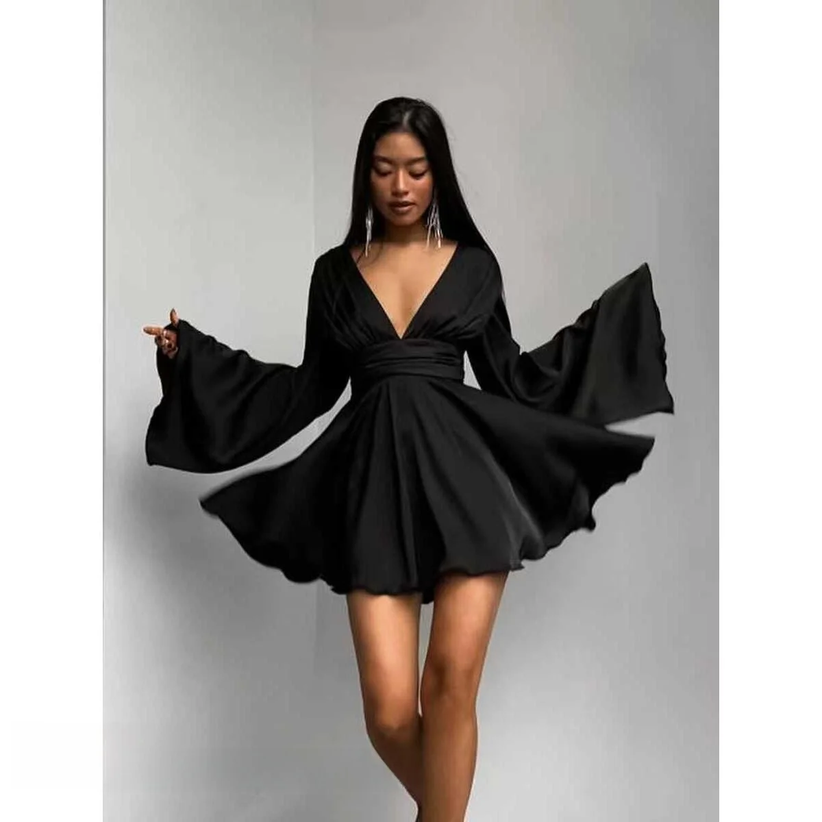 

Bla Sexy V-ne Flared Sve Dr Slim Fit A-line Dr High Waist Long Sve One-piece Autumn Season Basic Sle