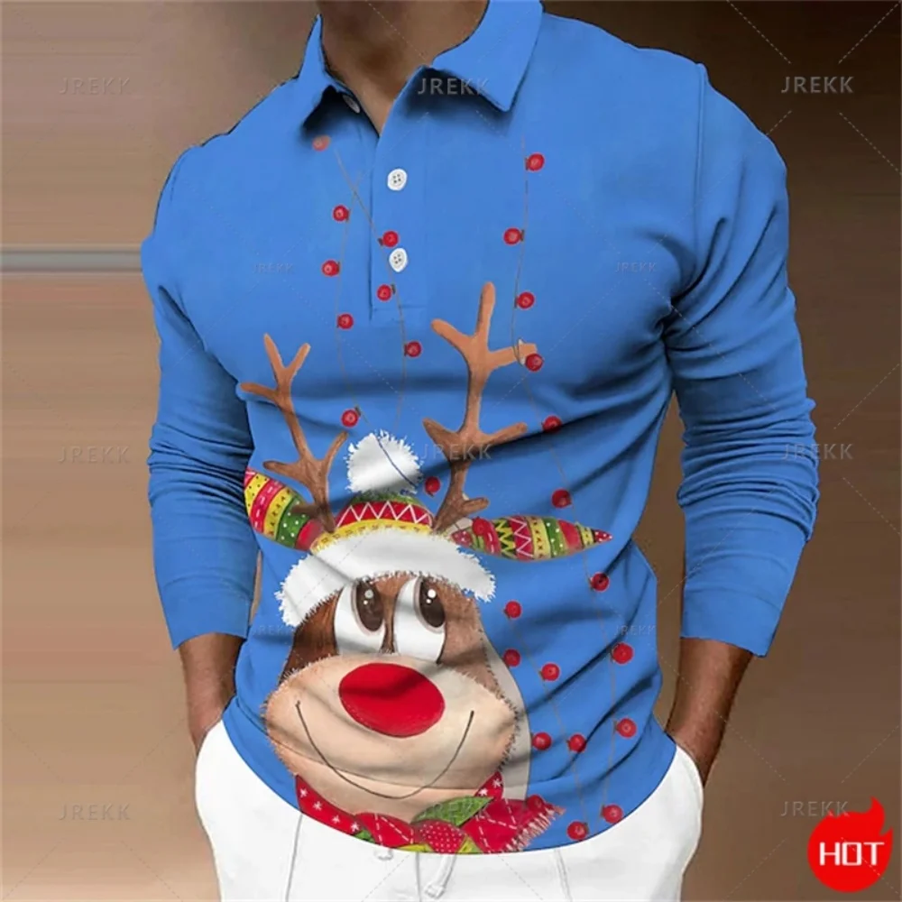 Full Print Christmas Tree Graphic Men's Golf Polo Shirt Casual Long Sleeve Turndown Button-Down Polo Shirts Tops Mens Tee Shirt