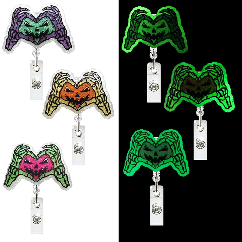 1 Pcs Halloween New Acrylic Pumpkin Skull Retractable Clip Luminous Elastic Reel ID Badge Clip Alligator Clip Badge Holder