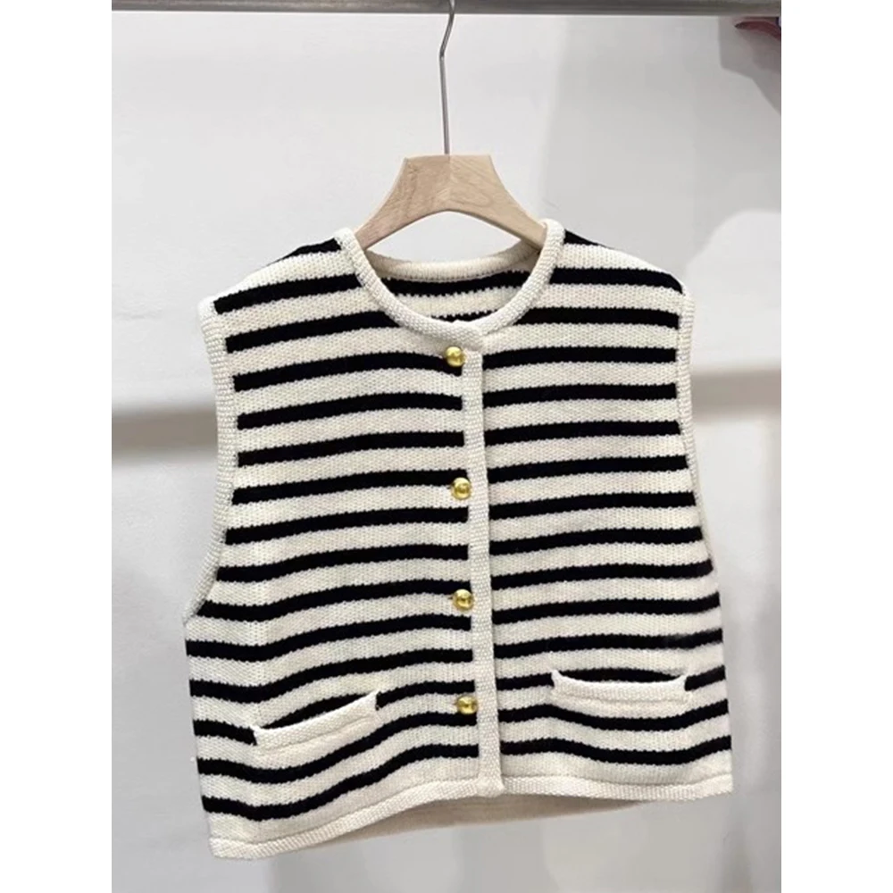 

Women Striped Vest Contrast Sleeveless O-neck One Breated Soft Warm Knitting Tops Coat Female Autumn Winter Versatile Jackets