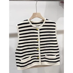 Women Striped Vest Contrast Sleeveless O-neck One Breated Soft Warm Knitting Tops Coat Female Autumn Winter Versatile Jackets