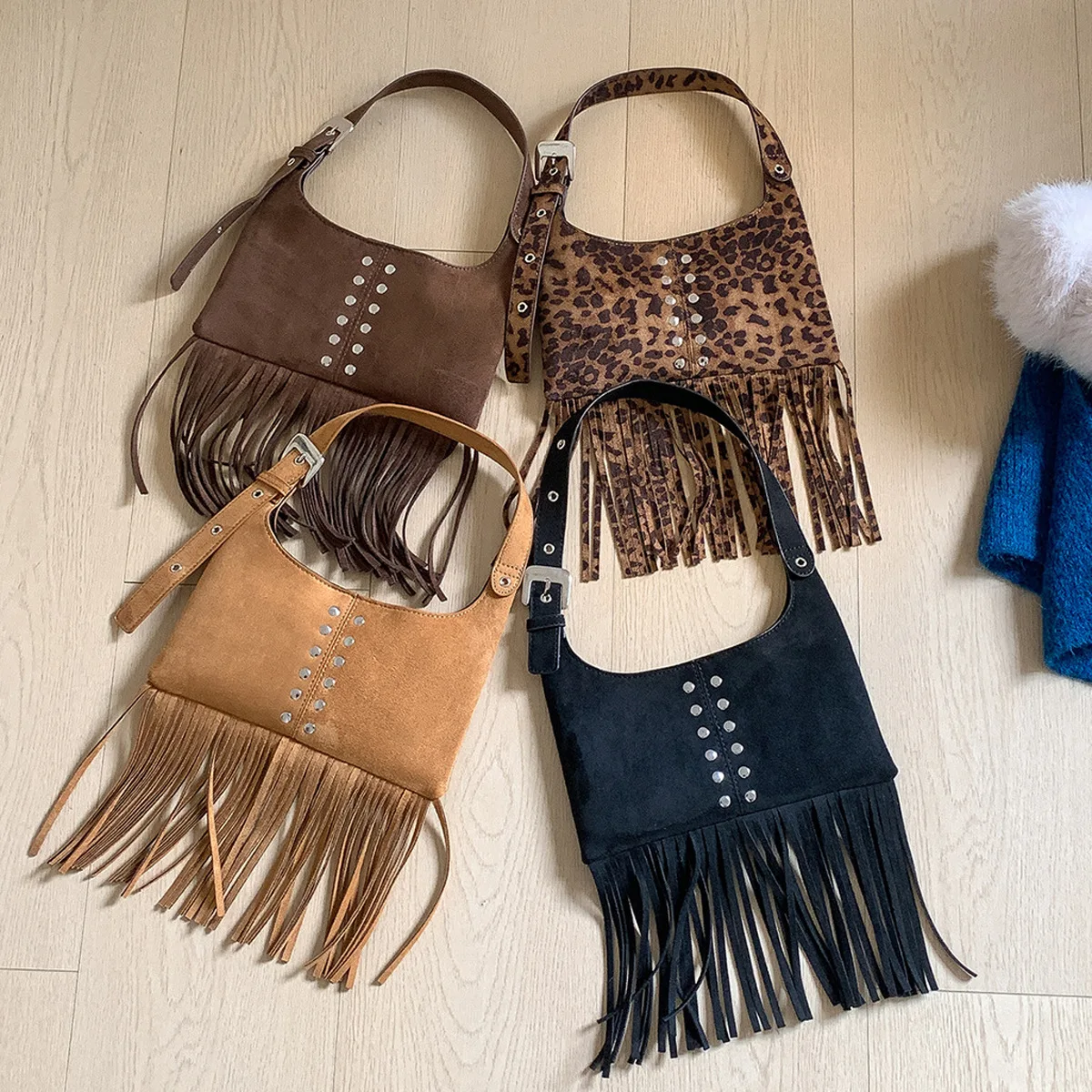 

Женская сумка на плечо с кисточками в стиле ретро, леопардовые сумки с шипами, кошельки из искусственной замши, дизайнерские сумки для женщин, клатч, новинка
