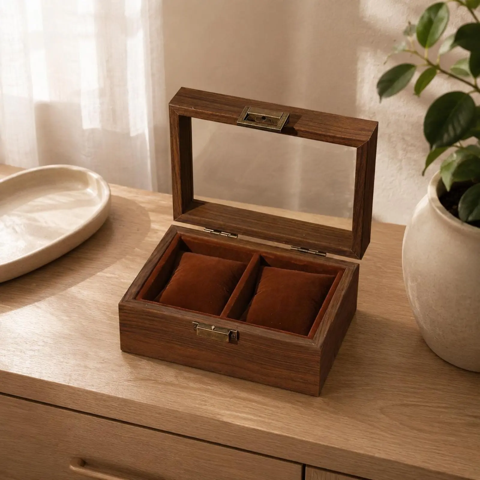 Walnut Watch Box Vintage Design Wooden Watch Organizer Storage Handy Clasp Removable Pillows for Dresser