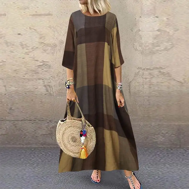 

Summer 2025 New Retro Long Dress Casual Seven-quarter Sleeve Plaid Dress