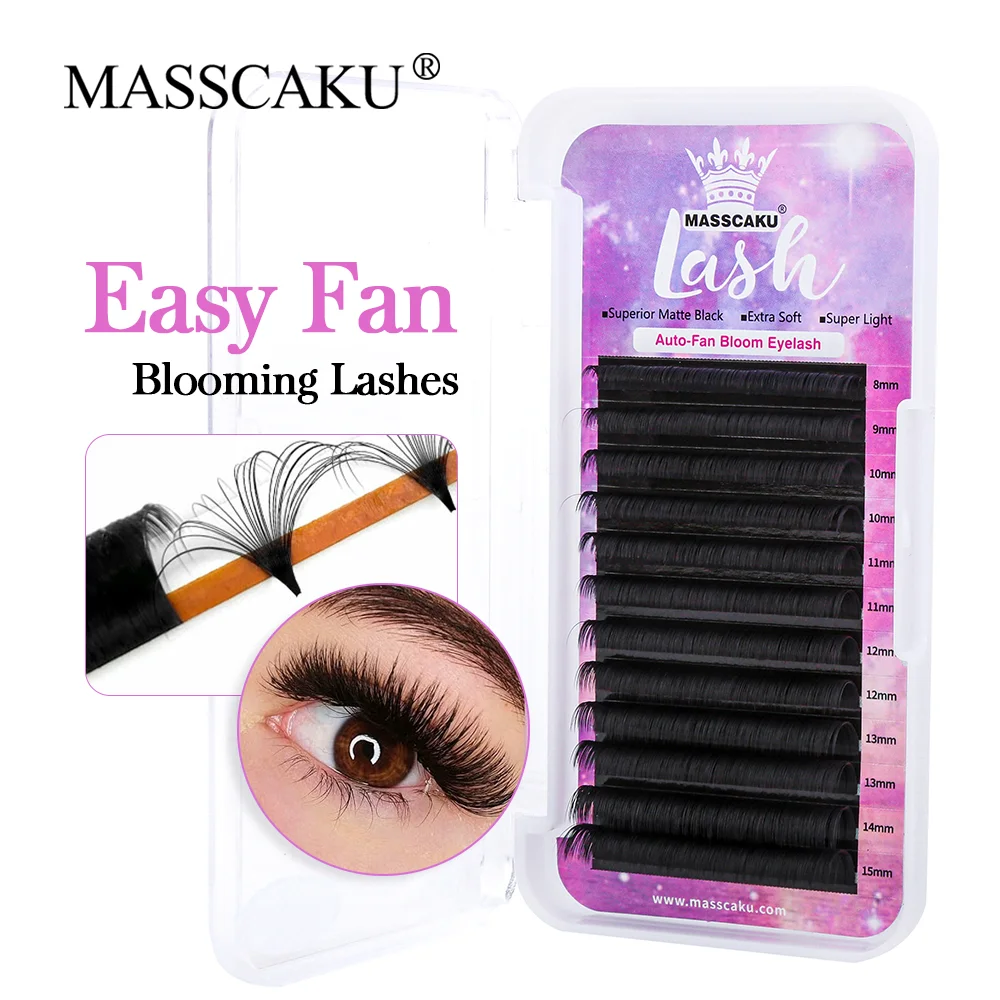 

MASSCAKU sell korea pbt materialc c/d curl one second rapid blooming eyelash extension custom private logo easy fans mink lash