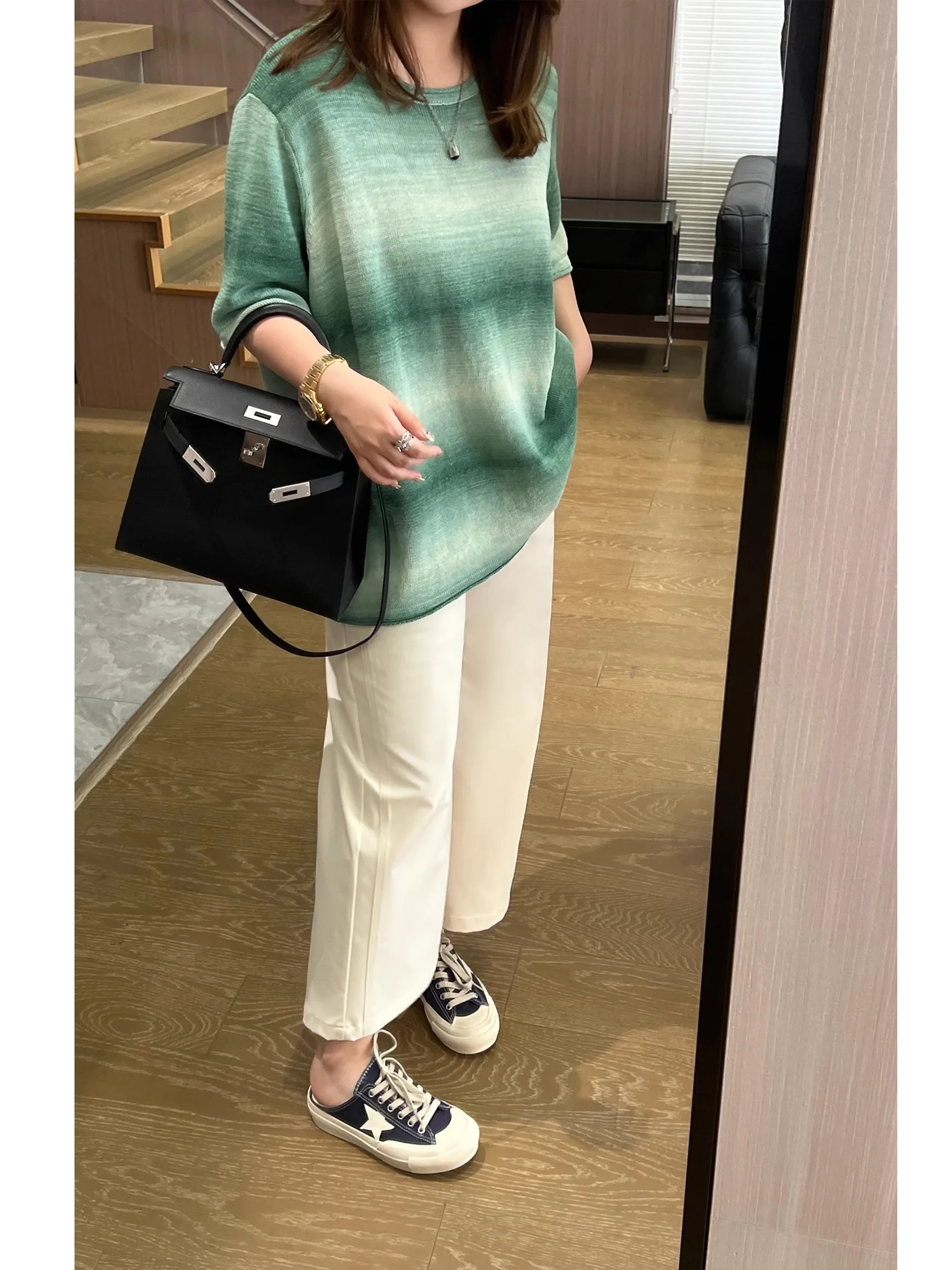 

Повседневный приталенный топ JoJo с коротким рукавом и круглым вырезом в полоску для женщин больших размеров: комфортный, дышащий, летний трикотаж