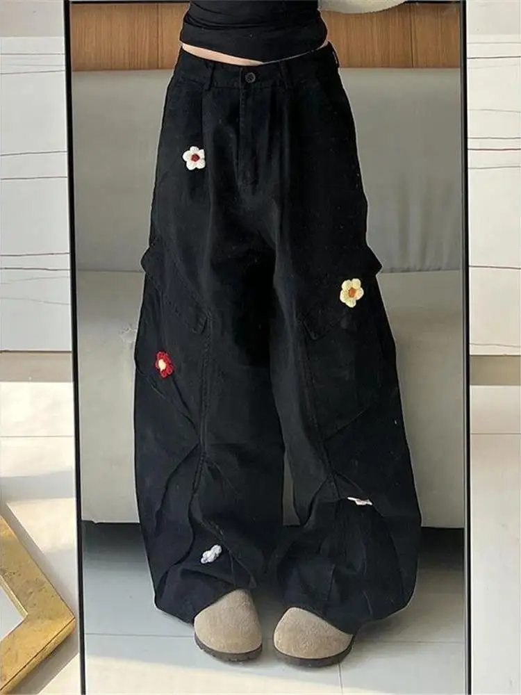 Jean de travail brodé rétro, grande taille, Design américain, ample, jambes larges, pantalon en Denim pour parachutiste, traînant le sol