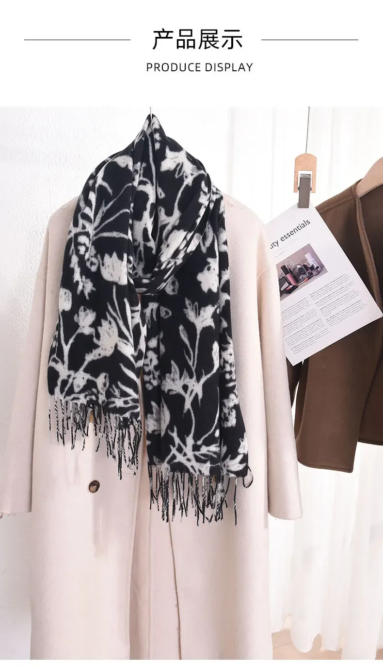 Flower Pattern Scarf For Women, Thickened Winter Scarfs For Female