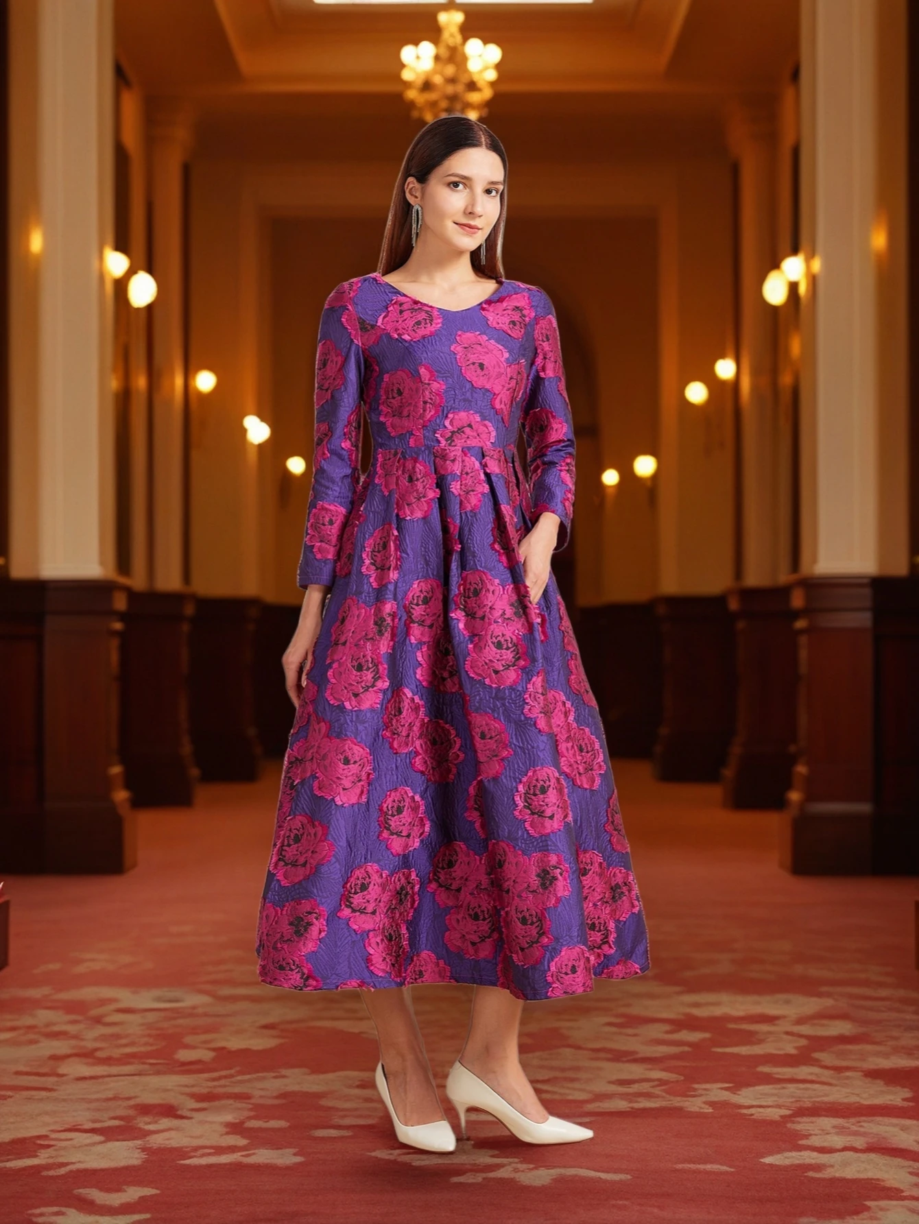 Luxury Long Jacquard Dress for Women Maxi Autumn Winter Party Dress Boho Floral Fashion Evening Clothing Vintage Robe