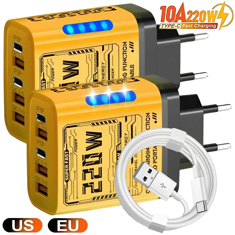 220W 5-in-1 GaN Fast Charger Desktop Power Adapter 2PD 3USB Ports for iPhone Samsung Xiaomi Tablet EU/US Plug USB C Charger