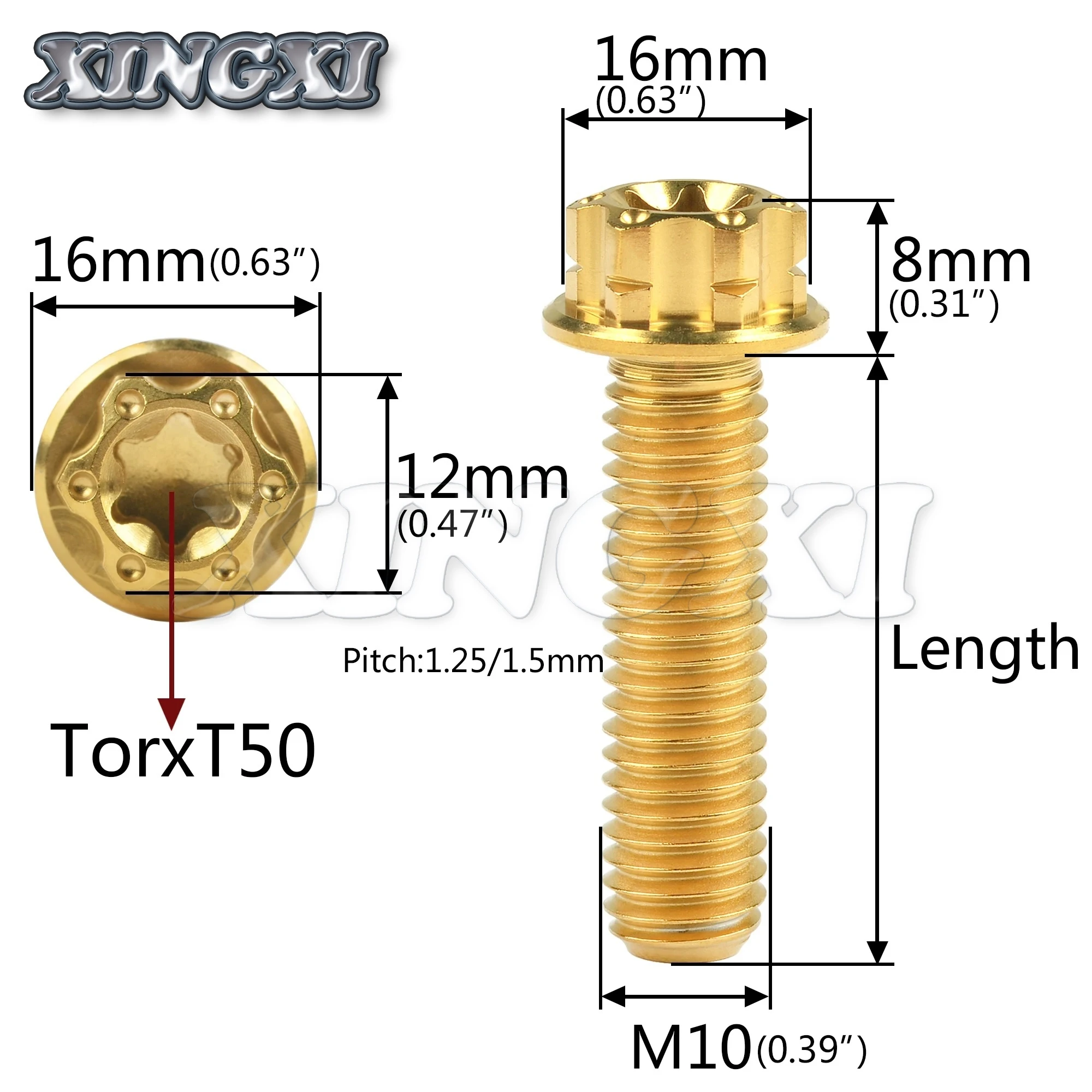 Xingxi 5pcs Titanium Bolt M10x15 ~ 90mm T50 Torx Pitch1.25/1.5mm Torx Flange Screw for Motorcycle Caliper Modification