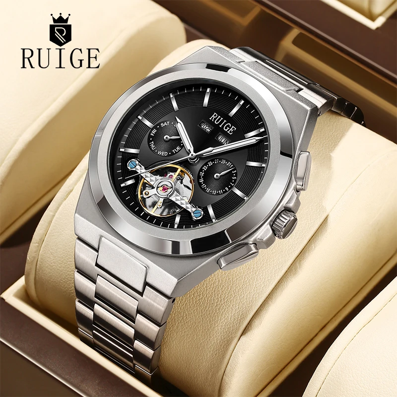 RUIGE Dreäugige sechs Nadeln hohles Nachtlicht Edelstahlarmband automatische mechanische Uhr Mode Herrenarmbanduhr