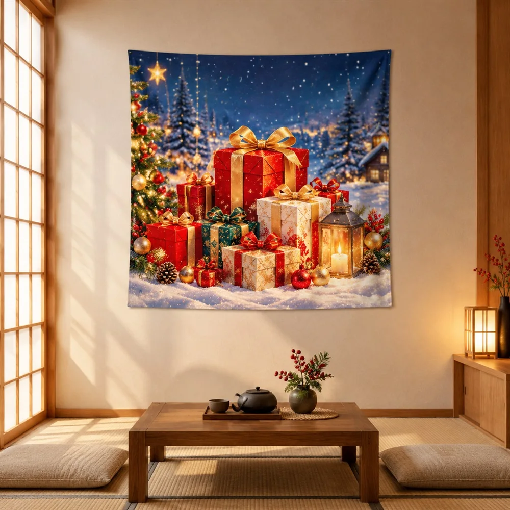 VIKAMA Gift Boxes Center Panel Christmas Tapestry Wall Hanging, Holiday Room Decor Tapestries for Living Room Bedroom Fireplace