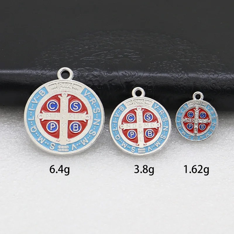 10PCS Blue Enamel Christian Sacramental Pendant Saint Benedict Medal Cross Crucifix Charm DIY Jewelry Handicraft Making