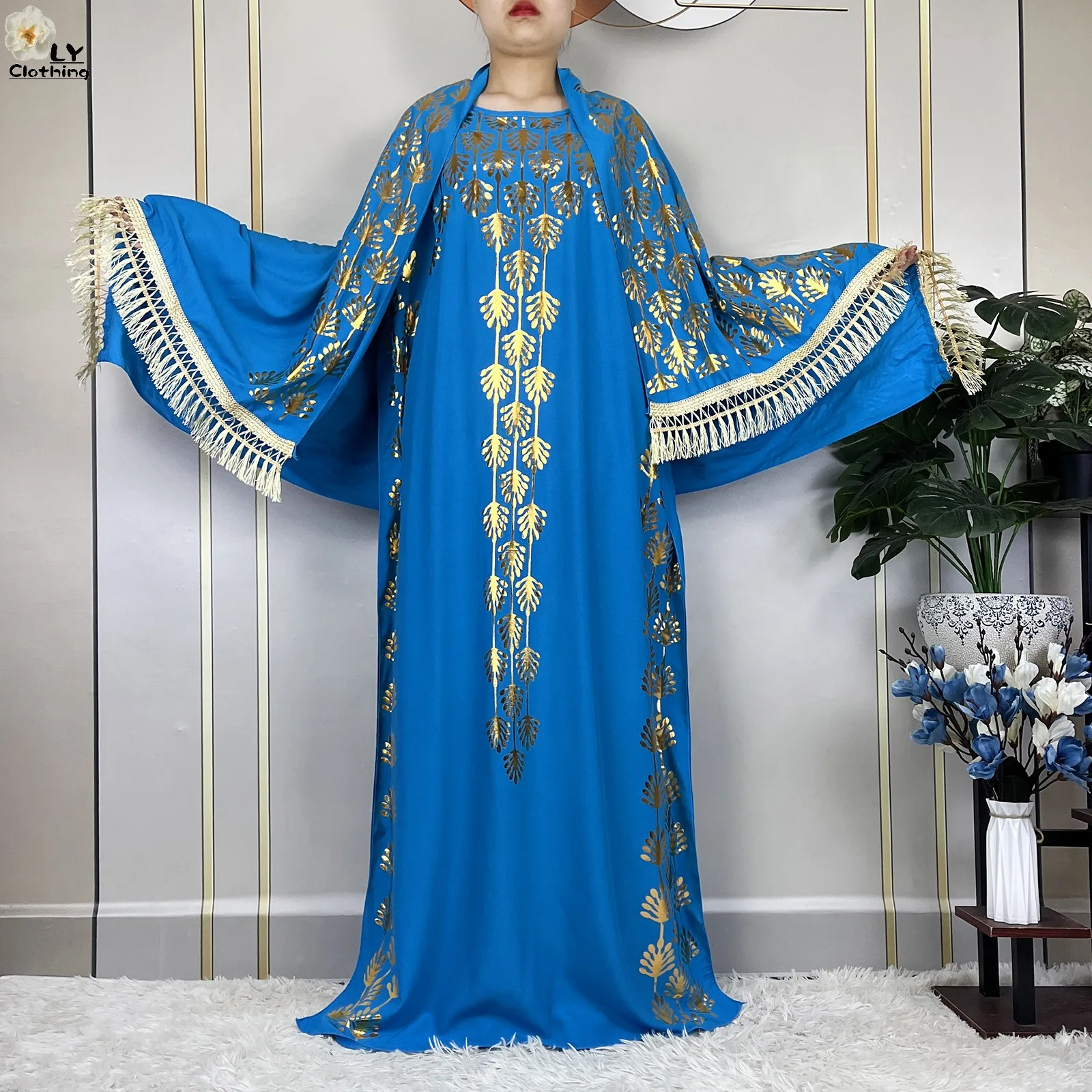 2023 New Summer Loose Short Sleeve Cotton Robe Gold Stamping  Boubou Maxi Islam Femme Dress With Big Scarf African Abaya Clothes